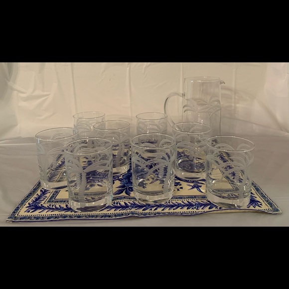 Dining 9 Piece Vintage Palm Tree Glassware With Matching Pitcher